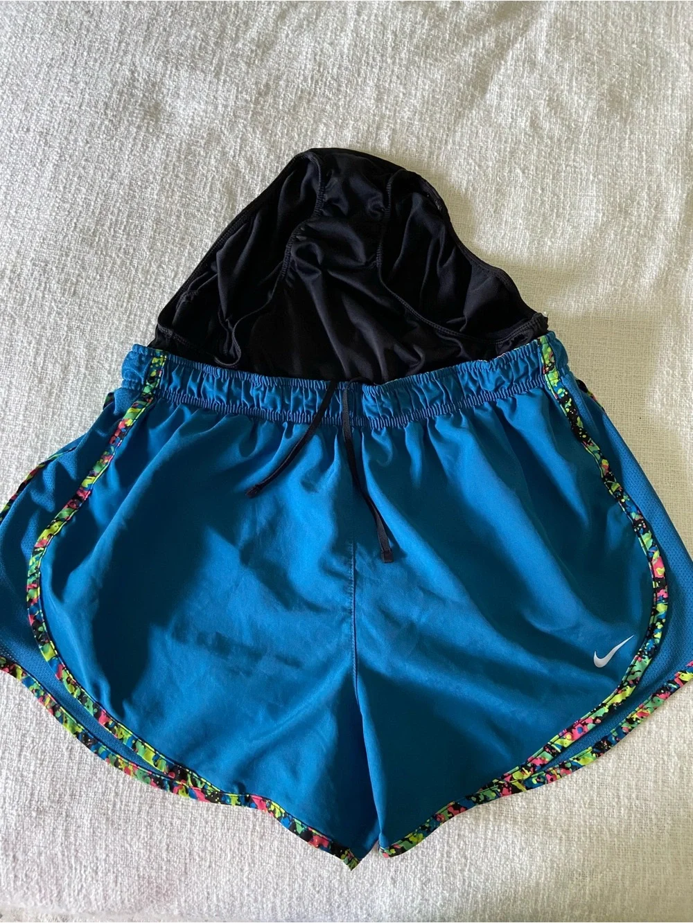 Nike Teal Blue Running Shorts with Multicolor Neon Party Trim Women’s Large